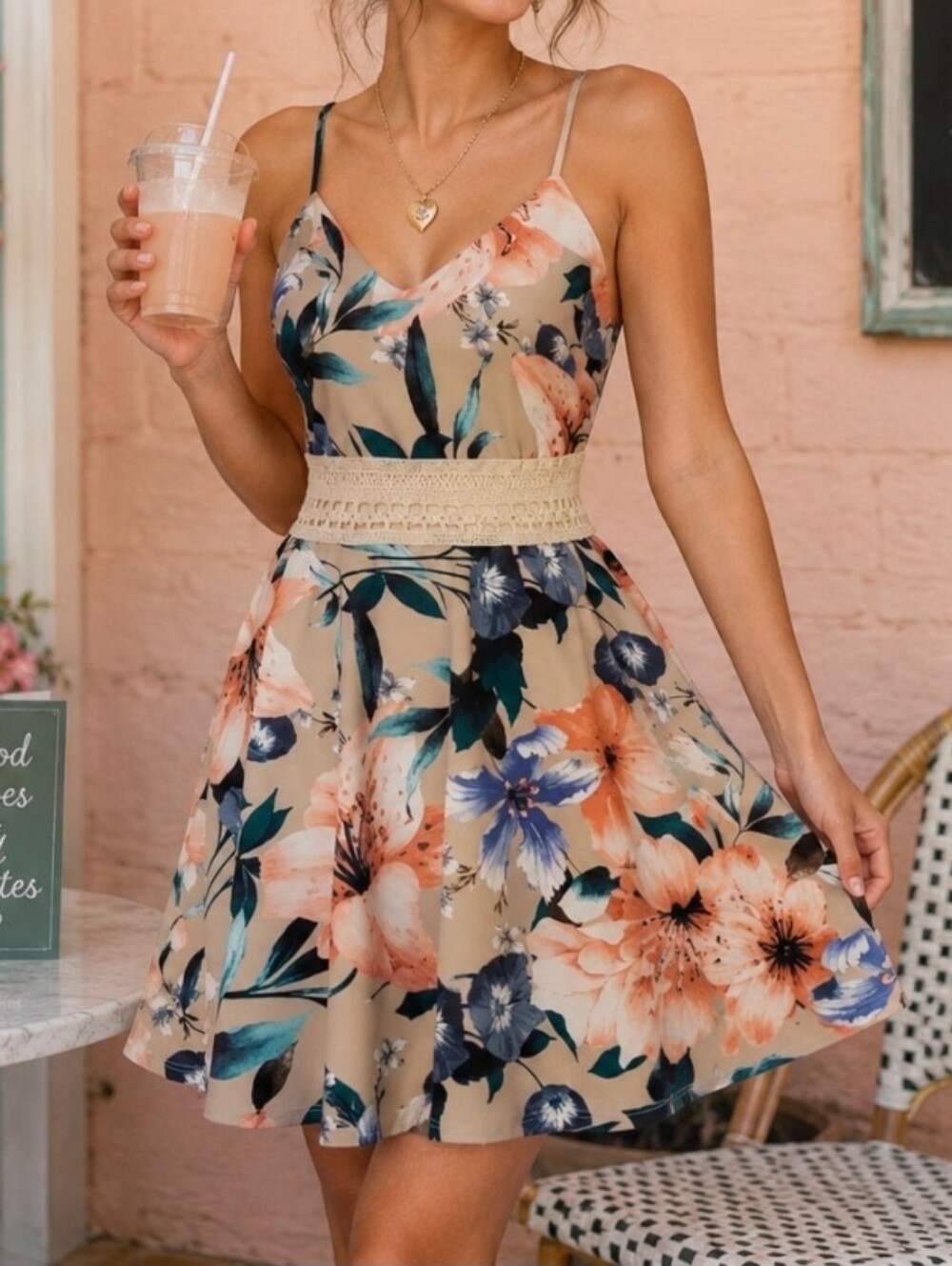 Floral Crochet Waist Fit and Flare Dress